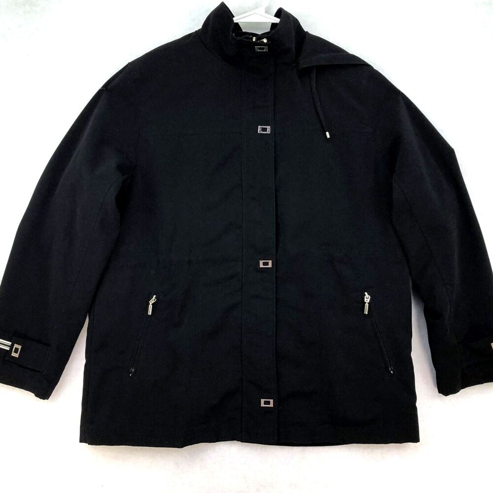 IZ Sport Windbreaker Raincoat Woman's Size L  Black Fully Lined Removable Hood